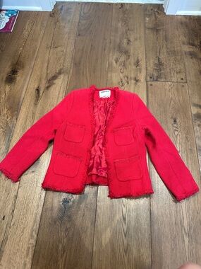 L'AGENCE Red Fringe-Trim Tweed Pocket Blazer